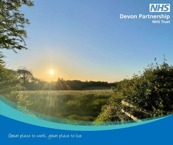 The sun rises into clear blue sky over a grassy field and wooden gate surrounded by hedgerow. The Devon Partnership NHS Trust logo is top right and the slogan 'Great place to work, great place to live.