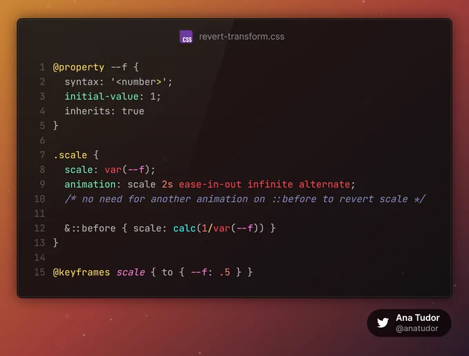 ```
@property --f {
	syntax: '<number>';
	initial-value: 1;
	inherits: true
}

.scale {
	scale: var(--f);
	animation: scale 2s ease-in-out infinite alternate;
  /* no need for another animation on ::before to revert scale */
	
	&::before { scale: calc(1/var(--f)) }
}

@keyframes scale { to { --f: .5 } }
```