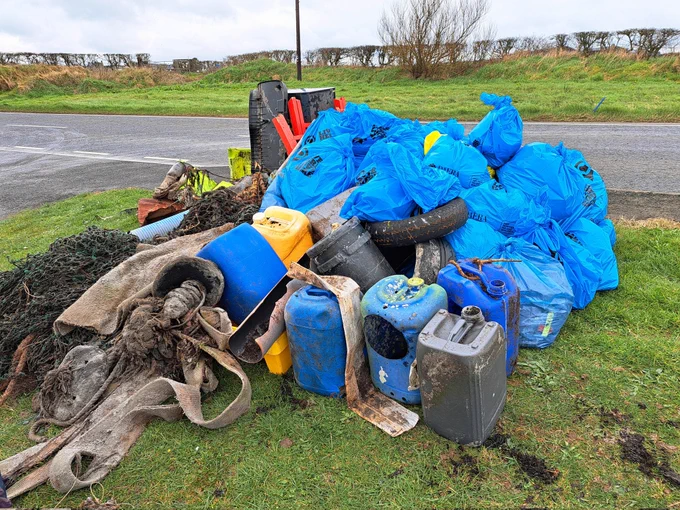 Massive haul of waste/ litter removed from Ballyfrench beach today including 58 bags of litter, e tyres, 6 canisters, large portions of rope and net, carpet and other large pieces of plastic 