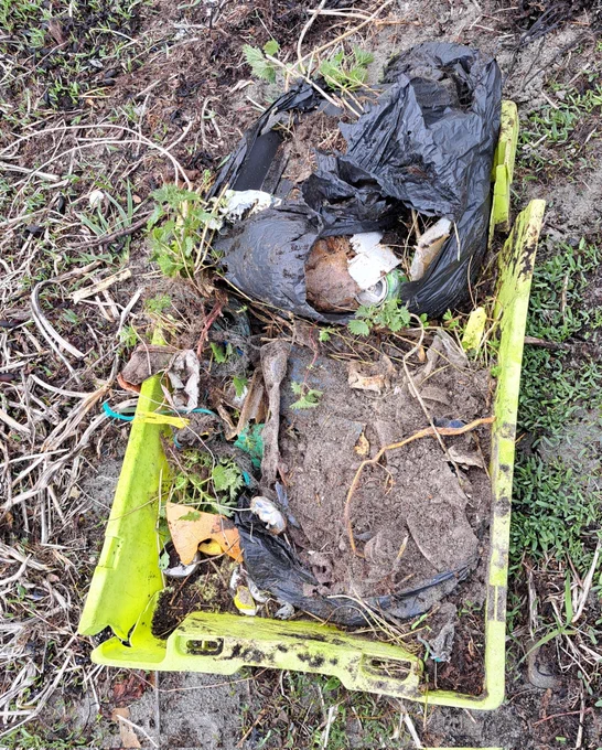 A large plastic tray containing 2 bags of rubbish in the undergrowth 