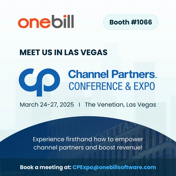 We’re heading to Channel Partners Expo in Las Vegas!  From March 24-27, visit the OneBill team at Booth #1066 to see how we’re transforming billing, provisioning, and partner settlements with intelligent automation. Let’s connect! Book a meeting today.  #CPEXPO
