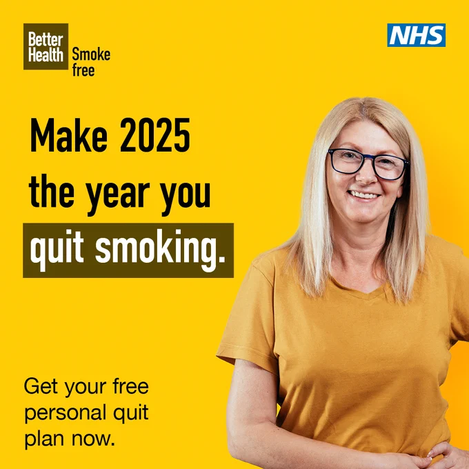 A woman stood against a yellow background wearing a yellow t-shirt and smiling towards the camera. Text to the left reads: Make 2025 the year you quit smoking. Get your free personal quit plan now.