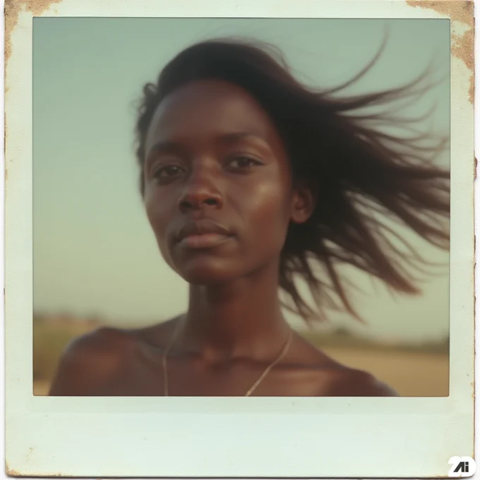 Prompt: An aged polaroid photo of a beautiful young Kenyan woman. The photo features a soft focus, slightly faded colors, and light leaks, so it looks completely retro. The polaroid edge frays, itself to the timeless quality of an old memory recalled through a faded photo album. The photo is framed in a retro white polaroid frame. The frames show slight wear, which adds to the retro and vintage atmosphere. The image inside the frame has a slightly faded color palette, real grain and natural light leaks, mimicking an old instant film print. Slightly shaky, hair caught in motion from wind, low dynamic range film.