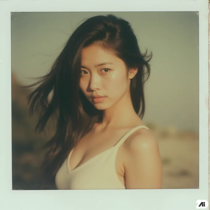 Prompt: An aged polaroid photo of a beautiful young Thai woman. The photo features a soft focus, slightly faded colors, and light leaks, so it looks completely retro. The polaroid edge frays, itself to the timeless quality of an old memory recalled through a faded photo album. The photo is framed in a retro white polaroid frame. The frames show slight wear, which adds to the retro and vintage atmosphere. The image inside the frame has a slightly faded color palette, real grain and natural light leaks, mimicking an old instant film print. Slightly shaky, hair caught in motion from wind, low dynamic range film.