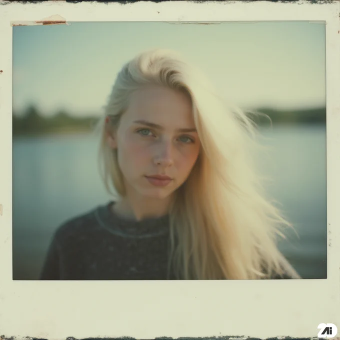 Prompt: An aged polaroid photo of a beautiful young Finnish woman. The photo features a soft focus, slightly faded colors, and light leaks, so it looks completely retro. The polaroid edge frays, itself to the timeless quality of an old memory recalled through a faded photo album. The photo is framed in a retro white polaroid frame. The frames show slight wear, which adds to the retro and vintage atmosphere. The image inside the frame has a slightly faded color palette, real grain and natural light leaks, mimicking an old instant film print. Slightly shaky, hair caught in motion from wind, low dynamic range film.