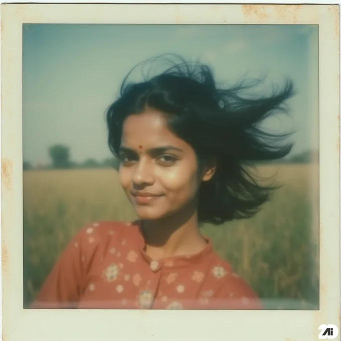 Prompt: An aged polaroid photo of a beautiful young Bangladeshi woman. The photo features a soft focus, slightly faded colors, and light leaks, so it looks completely retro. The polaroid edge frays, itself to the timeless quality of an old memory recalled through a faded photo album. The photo is framed in a retro white polaroid frame. The frames show slight wear, which adds to the retro and vintage atmosphere. The image inside the frame has a slightly faded color palette, real grain and natural light leaks, mimicking an old instant film print. Slightly shaky, hair caught in motion from wind, low dynamic range film.