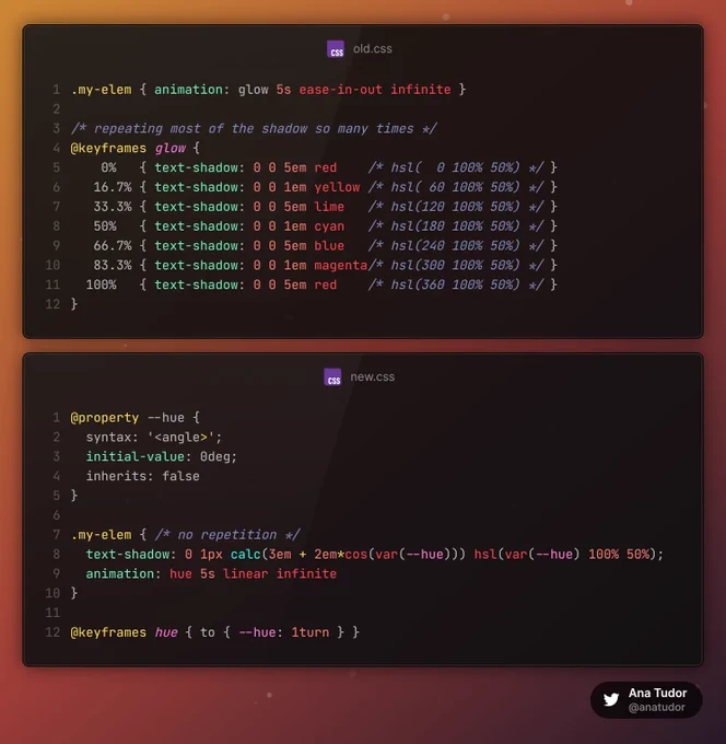 Old CSS

```
.my-elem { animation: glow 5s ease-in-out infinite }

/* repeating most of the shadow so many times */
@keyframes glow {
    0%   { text-shadow: 0 0 5em red    /* hsl(  0 100% 50%) */ }
   16.7% { text-shadow: 0 0 1em yellow /* hsl( 60 100% 50%) */ }
   33.3% { text-shadow: 0 0 5em lime   /* hsl(120 100% 50%) */ }
   50%   { text-shadow: 0 0 1em cyan   /* hsl(180 100% 50%) */ }
   66.7% { text-shadow: 0 0 5em blue   /* hsl(240 100% 50%) */ }
   83.3% { text-shadow: 0 0 1em magenta/* hsl(300 100% 50%) */ }
  100%   { text-shadow: 0 0 5em red    /* hsl(360 100% 50%) */ }
}
```

New CSS

```
@property --hue {
  syntax: '<angle>';
  initial-value: 0deg;
  inherits: false
}

.my-elem { /* no repetition */
  text-shadow: 0 1px calc(3em   2em*cos(var(--hue))) hsl(var(--hue) 100% 50%);
  animation: hue 5s linear infinite
}

@keyframes hue { to { --hue: 1turn } }
```