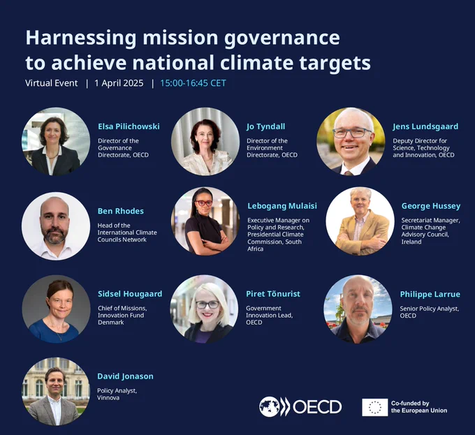 Harnessing mission governance to achieve national climate targets, virtual event, 1 April 2025, 15:00-16:45 CET. Co-funded by the European Union.