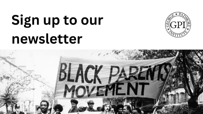 Banner graphic with GPI logo in the top right hand corner. At the top on the left hand side of the graphic, it reads ‘Sign up to our newsletter’ in black writing against a white background. Bottom of the graphic features a photograph of a Black Parents Movement demonstration, courtesy of Julian Stapleton.