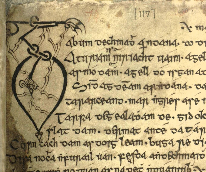 Detail from an Irish manuscript showing a decorated capital in black ink. 