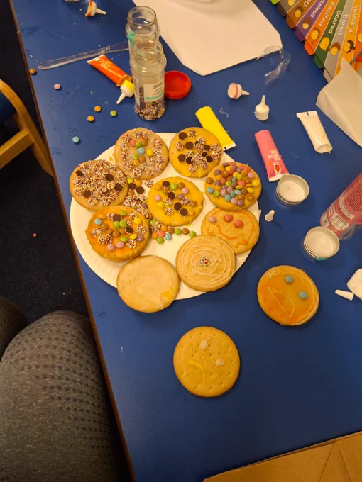 A picture of a plate of cookies which have been expertly baked and decorated by the young person during their 1-2-1 session.