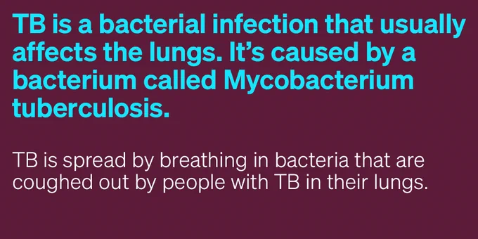 TB is a bacterial infection that usually affects the lungs. It’s caused by a bacterium called Mycobacterium tuberculosis.    TB is spread by breathing in bacteria that are coughed out by people with TB in their lungs.