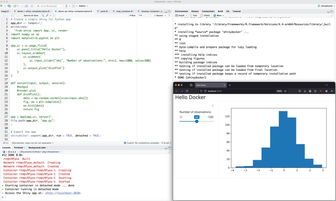 RStudio interface showing a Python Shiny app script with a `shinydocker::export()` command, alongside a browser window displaying a "Hello Docker" Shiny app with a histogram and slider control for the number of observations.