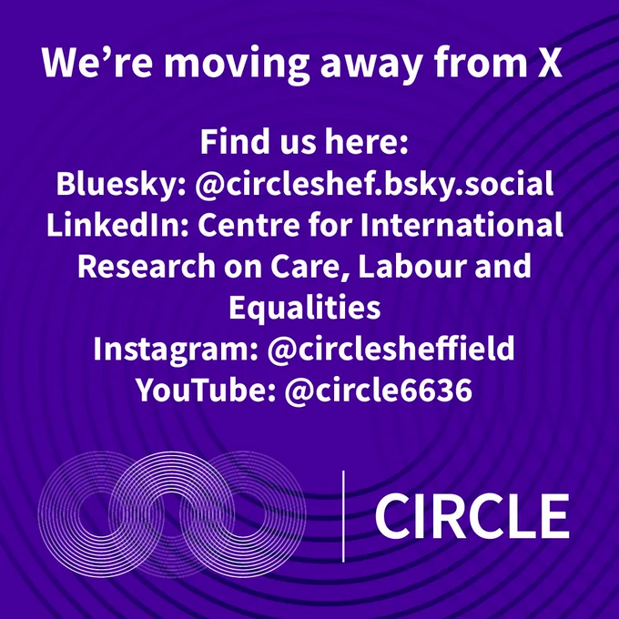 Text: "We're moving away from X,
Find us here:
Bluesky: @circleshef.bsky.social
LinkedIn: Centre for International 
Research on Care, Labour and 
Equalities
Instagram: @circlesheffield
YouTube: @circle6636"