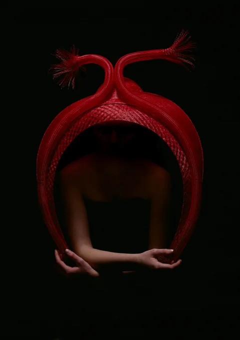 A person concealed under a large abstract red hat