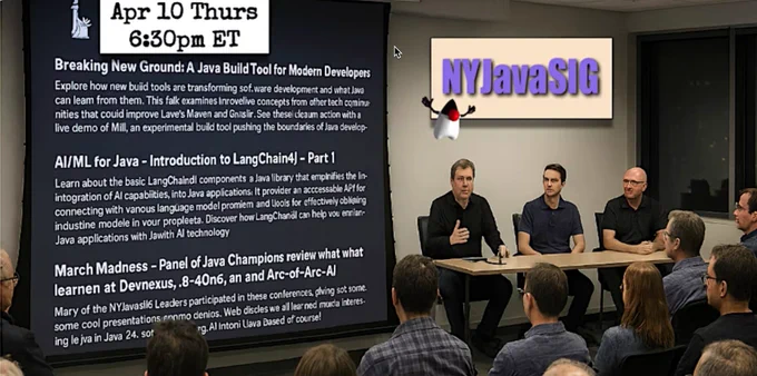 Apr 10 Thurs - 6:30pm ET. in box about abstracts for three sessions on left. On right is a panel of three guys sitting around a table with audience members. On top is NYJavaSIG with Duke flying near it.