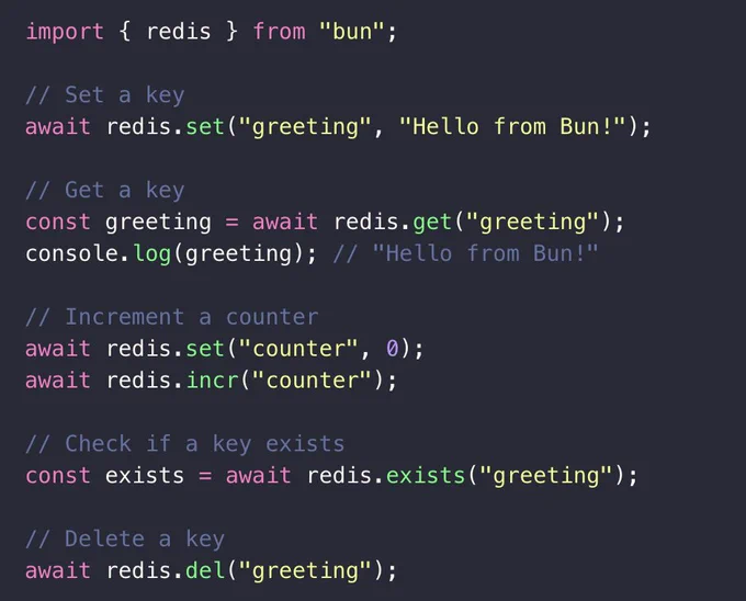 import { redis } from "bun";

// Set a key
await redis.set("greeting", "Hello from Bun!");

// Get a key
const greeting = await redis.get("greeting");
console.log(greeting); // "Hello from Bun!"

// Increment a counter
await redis.set("counter", "0");
await redis.incr("counter");

// Check if a key exists
const exists = await redis.exists("greeting");

// Delete a key
await redis.del("greeting");