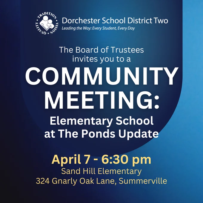 DDTwo Community Meeting on Monday, April 7, 6:30 pm at Sand Hill Elementary School to discuss the elementary school at The Ponds.