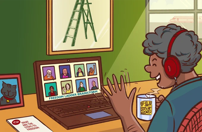 A person in front of their computer greeting people in a teleconference that says, "Freedom Ladder Brainstorm" on the screen. The person is holding an "FSF 35" mug.