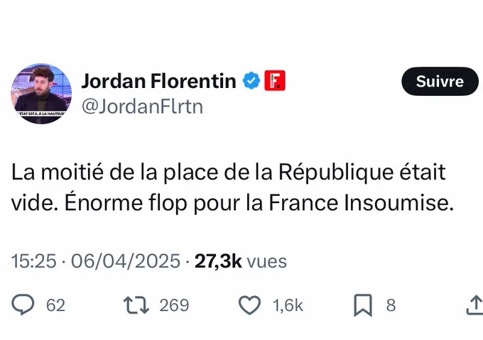 Jordan Florentin : La moitié de la place de la République était vide. Énorme flop pour la France Insoumise.