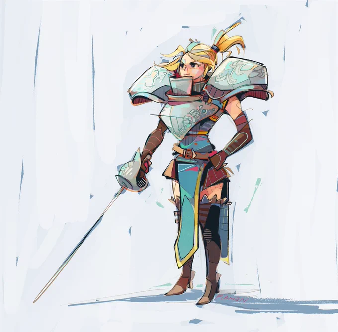 A full body illustration of Charlotte Christine de Colde, a fighter from the Samurai Shodown franchise.  She is a blonde fencing warrior, her hair up in a ponytail.  She wears a blue double split dress with yellow trim.  She wears armour pieces which I’ve exaggerated: massive metallic, ornately etched pauldrons and cuirass.  She holds her foil down toward the ground.  She wears brown gloves that rise past the elbow, a brown skirt and belt, as well as dark brown thigh-high boots with a scalloped edge frill at the top.