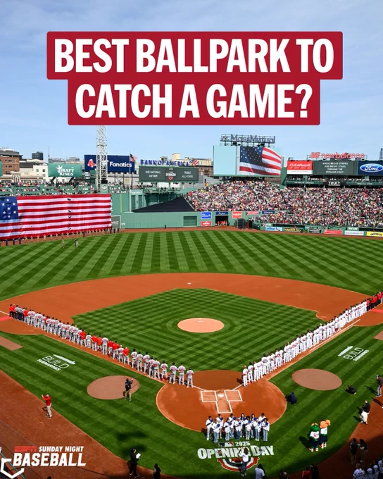 A high-angle shot of Fenway Park from the seats behind home plate from pregame before the 2025 Red Sox home opener. The text above the image reads “Best Ballpark to Catch a Game?”

ESPN Sunday Night Baseball