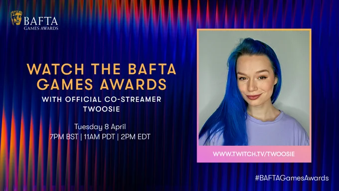 Graphic royal blue image with corflute pattern orange and yellow, with the heading 'Watch the BAFTA Games Awards'. Image of woman on the right hand side of the graphic, and her TWITCH handle. 