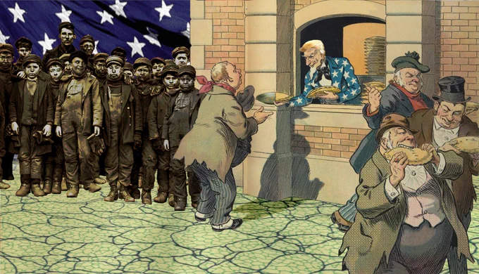 A scene in which a line of paupers queue up to be given a pie by Uncle Sam, who has been modified so he has Trump's hair. To one side of the scene are three caricatured plutocrats, gorging on pie. The background is a US flag.