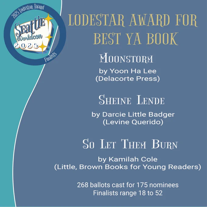 LODESTAR AWARD FOR BEST YA BOOK
MOONSTORM by Yoon Ha Lee
(Delacorte Press)
SHEINE LENDE by Darcie Little Badger
(Levine Querido)
So LET THEM BURN
by Kamilah Cole
(Little, Brown Books for Young Readers)
268 ballots cast for 175 nominees
Finalists range 18 to 52