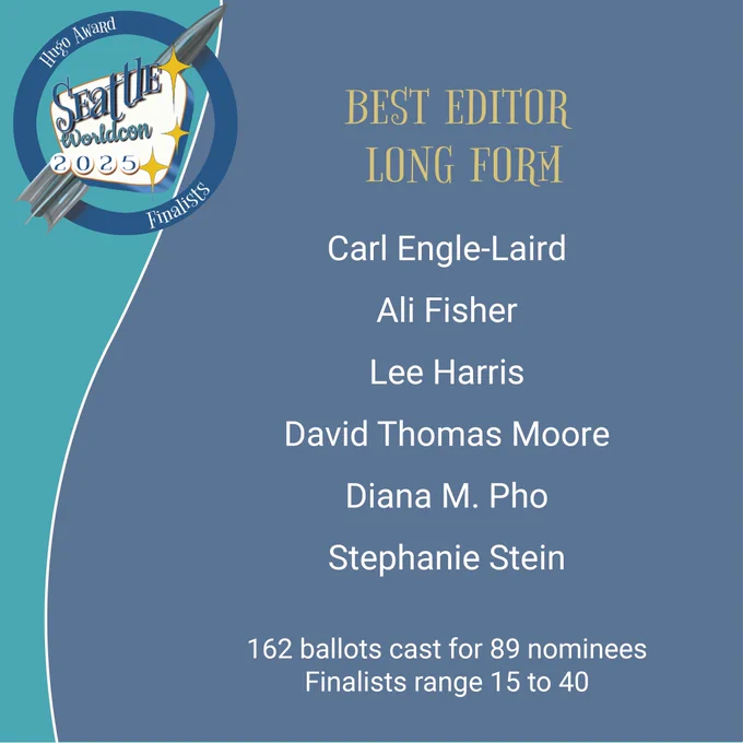 BEST EDITOR
LONG FORM
Carl Engle-Laird
Ali Fisher
Lee Harris
David Thomas Moore
Diana M. Pho
Stephanie Stein
162 ballots cast for 89 nominees
Finalists range 15 to 40
