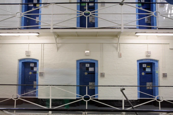 Cell doors over two floors on E wing at Wandsworth Prison.