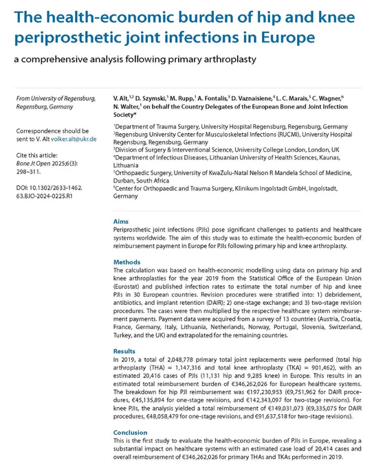 Bone & Joint Open. Abstract text for article titled 'The health-economic burden of hip and knee periprosthetic joint infections in Europe'.