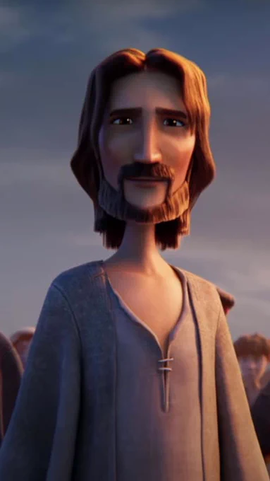 Mid shot of Jesus (longish brown hair and brown eyes) looking at the camera