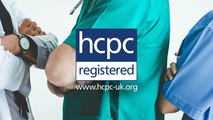 Photograph of healthcare professionals with their arms folded, in different colours of scrubs. The 'HCPC registered' logo is overlayed on top. 