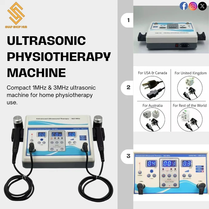 An ultrasonic physiotherapy machine designed for home use, featuring 1MHz and 3MHz frequency options for effective pain relief and muscle relaxation therapy. Professional-grade ultrasound unit placed on a clean surface with its control panel and applicator displayed. The product is showcased at Snap Shop Hub, highlighting its compact design and user-friendly functionality. Ideal for personal physiotherapy sessions at home.