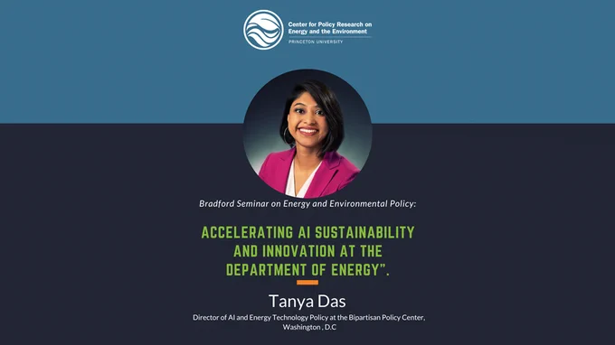 Flyer with headshot of Tanya Das and her talk title: Accelerating AI Sustainability and Innovation at the Department of Energy