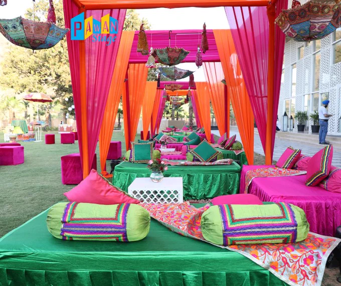  Canopy decor in rich traditional colors for an Gala night dinner at Taj Aravali Resort, Udaipur, highlighting festive elegance.
