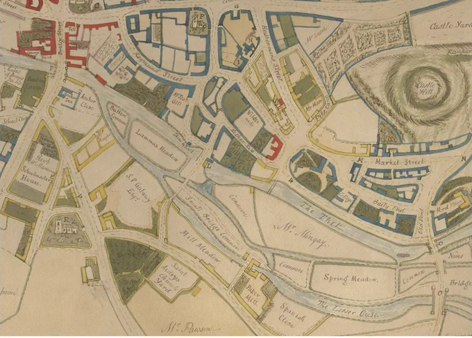 A hand drawn colour map of a town centre
