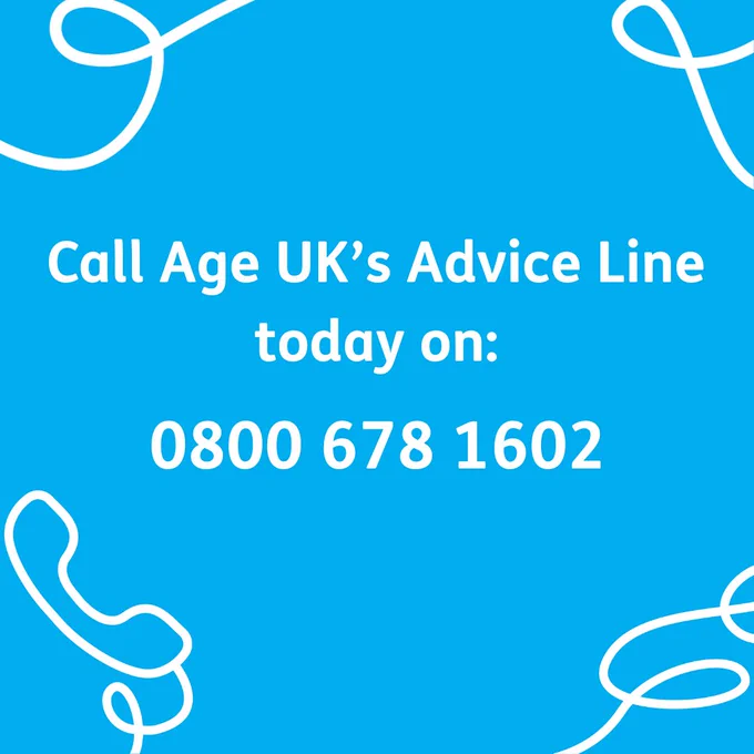 Promotional image for Age UK featuring a blue background with white phone cord graphics. Text instructs to call Age UK’s Advice Line, listing the phone number 0800 678 1602.