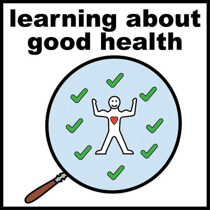 A square with the words 'learning about good health' at the top. Below the text is an image of magnifying glass with a cartoon smiling man with green ticks around him. 