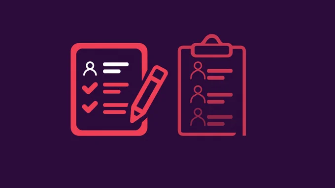 Graphic icons of a clipboard with ticks and a pencil, and a document with check marks, against a purple background.