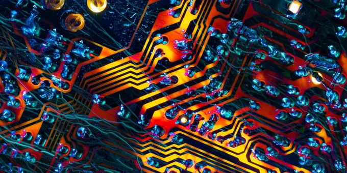 Close up circuit board with red, yellow and blue lights.