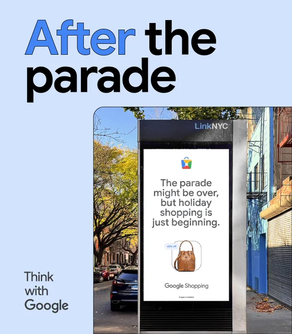 After the parade. An out-of-home ad for a bag says: The parade might be over, but holiday shopping is just beginning.