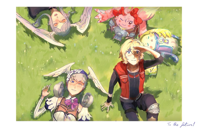 a bright, sunny day. The party of future connected (  tyrea) sit in long grass, watching the sky. tyrea and kino are asleep, and melia is watching shulk with a big grin on her face.
text at the bottom reads: to the future!