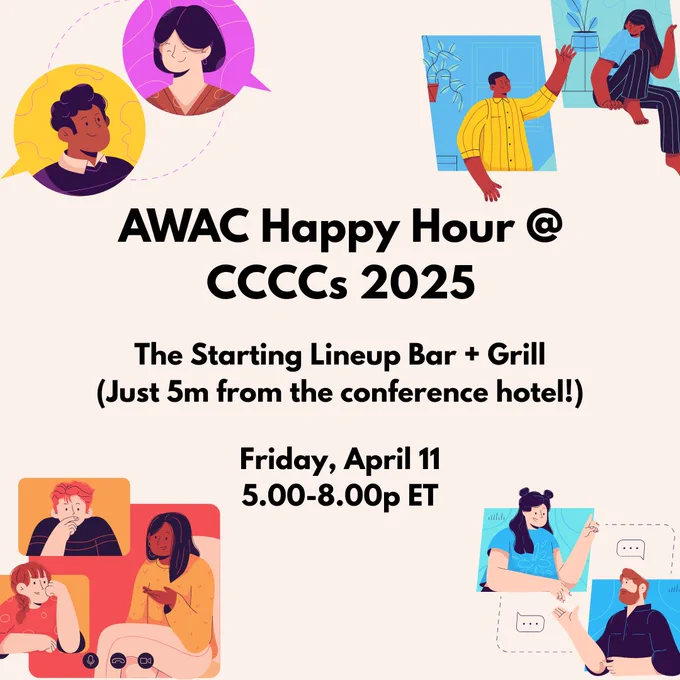 AWAC social media post describing time and location of AWAC Happy Hour at CCCCs 2025