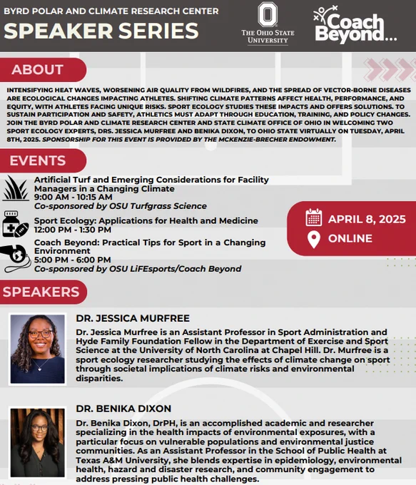 Promotional flyer for the sport ecology event series on April, 8 2025 at Ohio State