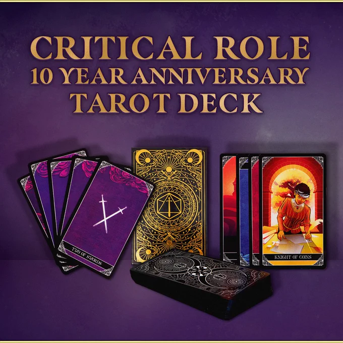 Gorgeous illustrated tarot cards sit against a purple backdrop in this graphic overlaid with golden lettering reading CRITICAL ROLE 10 YEAR ANNIVERSARY TAROT DECK 