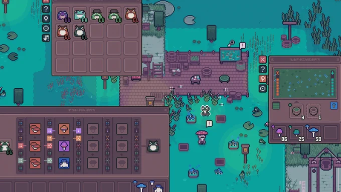 Screenshot showing the player character standing with production items. There are several UI windows, and another NPC frog nearby.