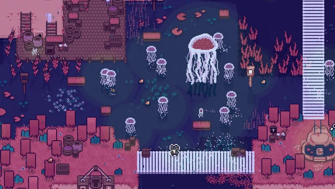 Screenshot of the frog player character in the 'Dream World' version of a pond. The colours have changed hue, and there are large jellyfish floating about.