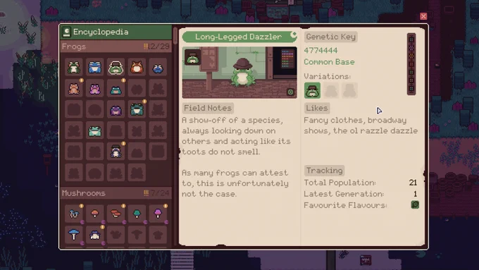 Screenshot of the Encyclopedia UI in the game. There is a list of information about the different frogs you can encounter. The page shows the 'Long-Legged Dazzler'. A handsome frog with a hat.